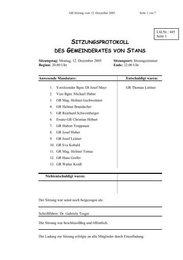 SITZUNGSPROTOKOLL DES GEMEINDERATES VON STANS