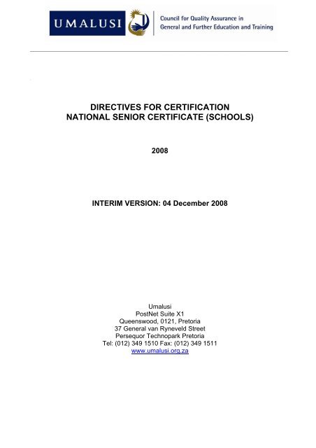 directives for certification national senior certificate - Umalusi