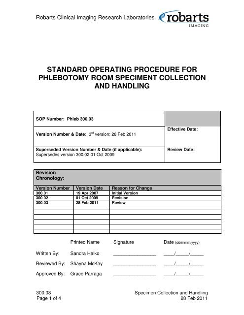 standard operating procedure for phlebotomy room speciment
