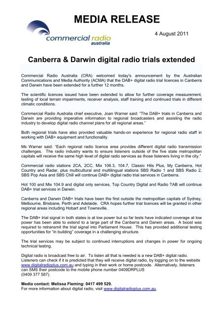 Digital radio trial to begin in Canberra - Commercial Radio Australia