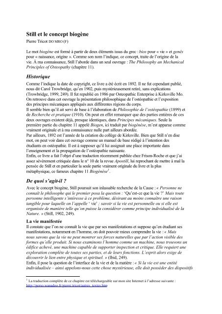 Still et le concept biogÃ¨ne - Approche tissulaire de l'ostÃ©opathie