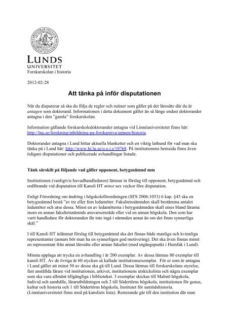 Att tÃ¤nka pÃ¥ infÃ¶r disputationen - Historiska institutionen - Lunds ...