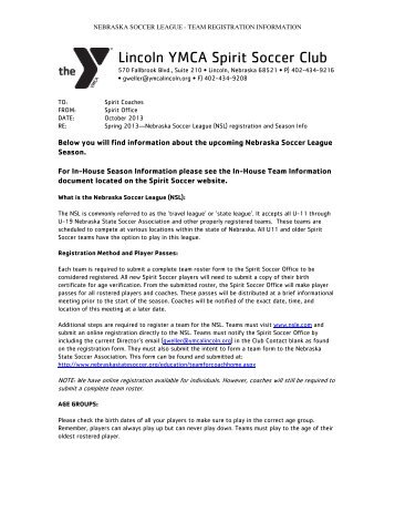 Nebraska Soccer League Team Registration Information - Ymca