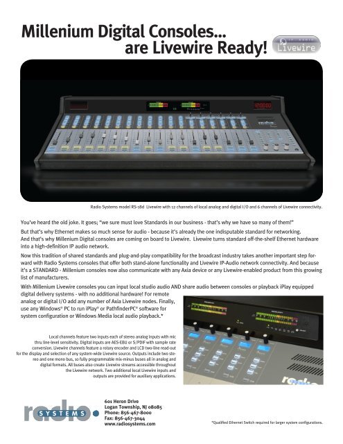 Millenium Digital Consoles... are Livewire Ready! - Radio Systems
