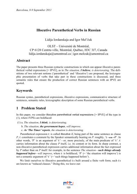 Illocutive Parenthetical Verbs in Russian - Observatoire de ...