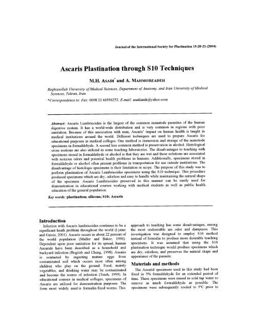 Ascaris plastination through S10 techniques - Journal of Plastination