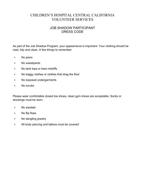 Job Shadow Packet - Children's Hospital Central California