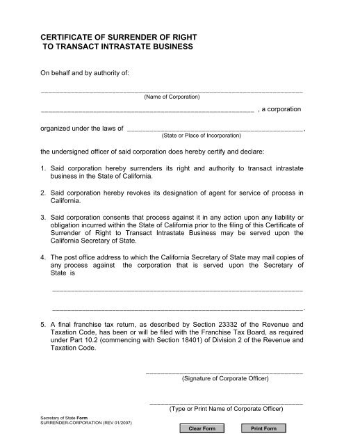 Foreign Corporation Surrender of Right to Transact ... - eMinutes