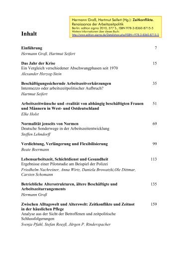 Groß/Seifert (Hg.): Zeitkonflikte 2010 - Inhalt