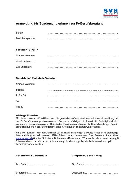 Fragebogen Sonderschule / Anmeldung SonderschÃ¼ler