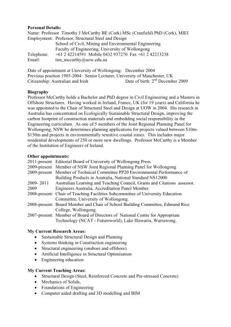 Brief Curriculum Vitae - University of Wollongong