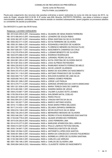 Pauta de julgamento nÂº 108 a 129 - 08 12 e 15/03/2013