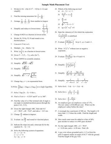 Sample Test Questions for Mt. SAC Math Placement Test