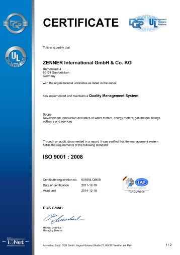 DQS Certificate 9001:2008 - Zenner