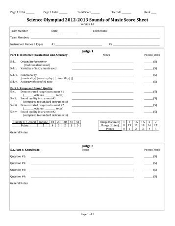 Sounds of Music Judges Score Sheet - Science Olympiad