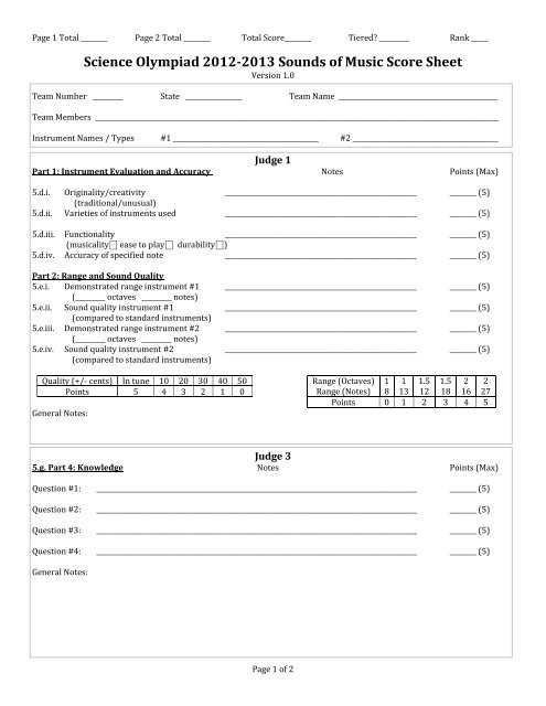 Sounds of Music Judges Score Sheet - Science Olympiad