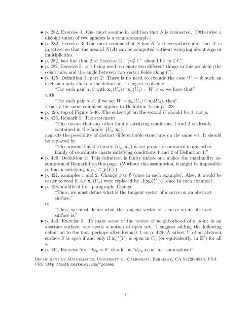 ERRATA IN DO CARMO, DIFFERENTIAL GEOMETRY OF CURVES ...