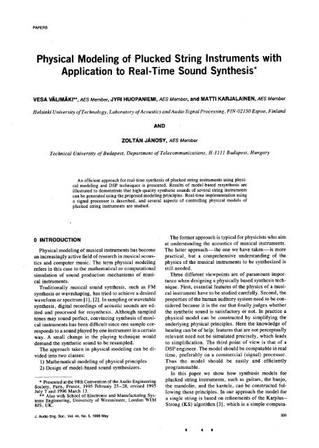 Physical Modeling of Plucked String Instruments with Application to ...