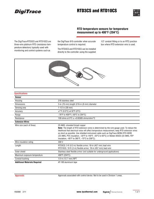 RTD3CS and RTD10CS - Pentair Thermal Controls