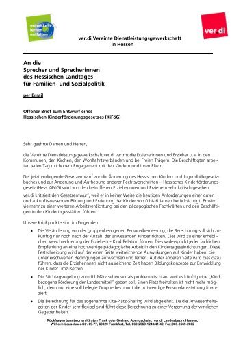 Offener Brief von ver.di - SPD-Fraktion im Hessischen Landtag