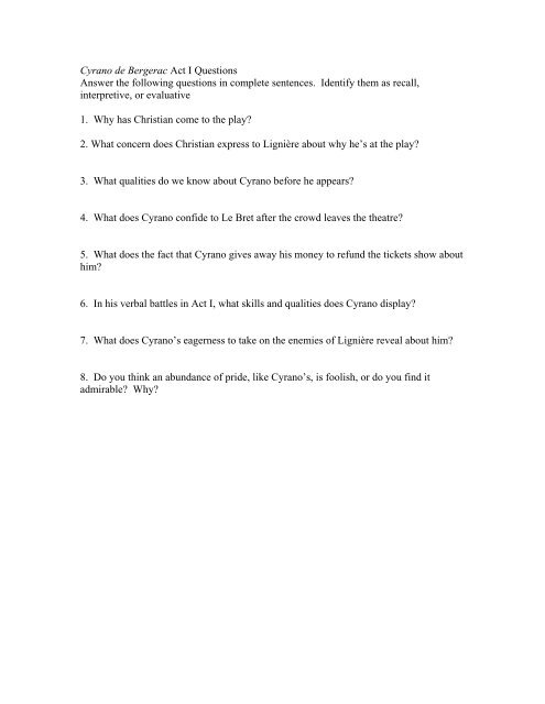 Cyrano de Bergerac Act I Questions Answer the following questions ...