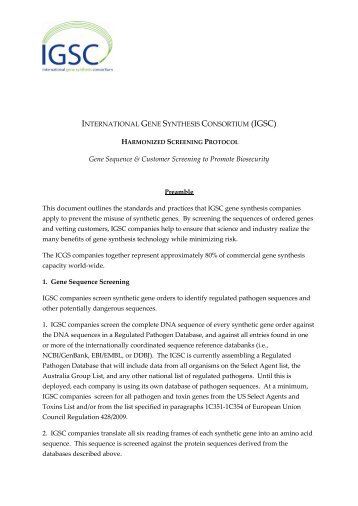 IGSC Harmonized Screening Protocol - The Gene Synthesis ...