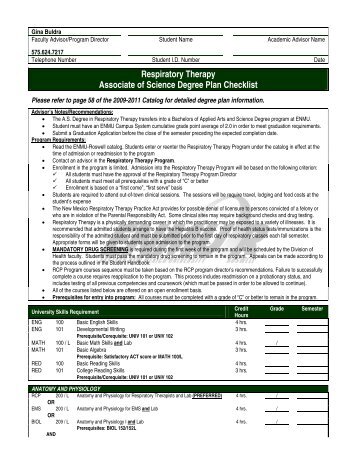 Respiratory Therapy Associate of Science Degree Plan Checklist