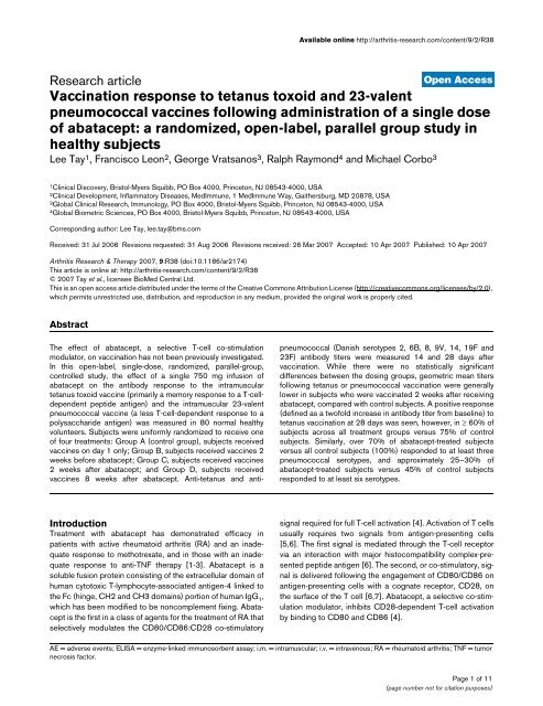 Vaccination response to tetanus toxoid and 23 ... - BioMed Central