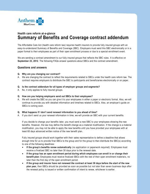 SBC Contract - Anthem Health Care Reform Portal