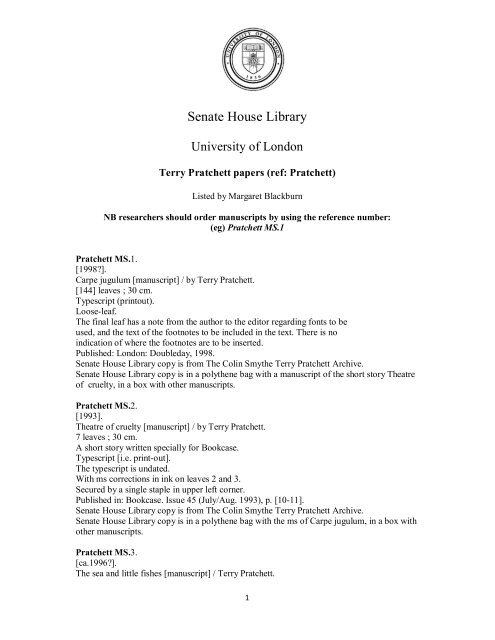 Terry Pratchett papers - Senate House Libraries - University of London