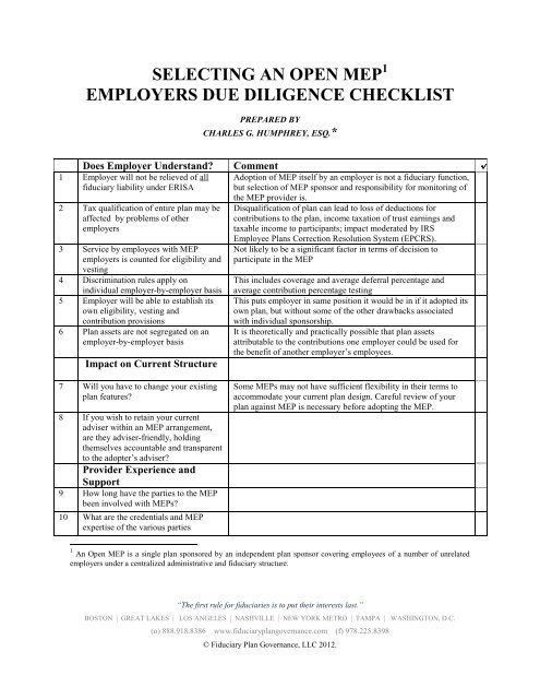 selecting an open mep employers due diligence checklist - Fi360
