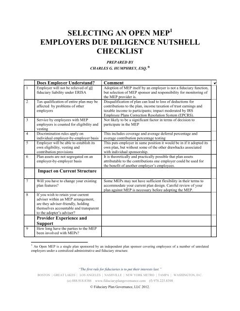 selecting an open mep employers due diligence checklist - Fi360
