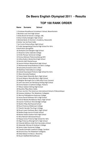 De Beers English Olympiad 2011 - Results TOP 100 RANK ... - SACEE