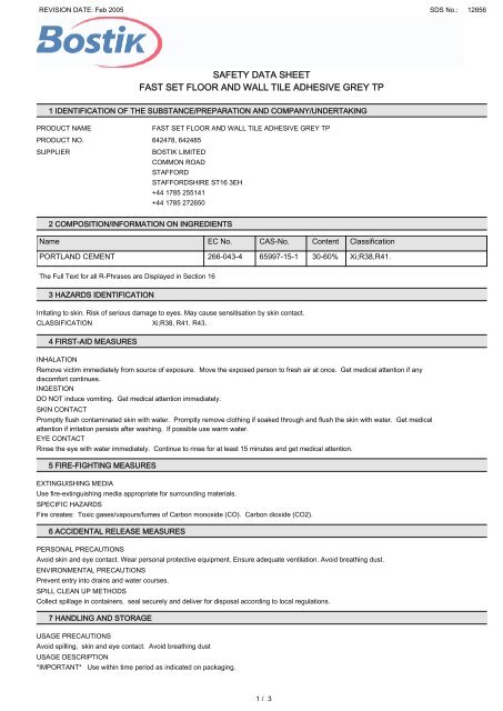 safety data sheet fast set floor and wall tile adhesive grey tp