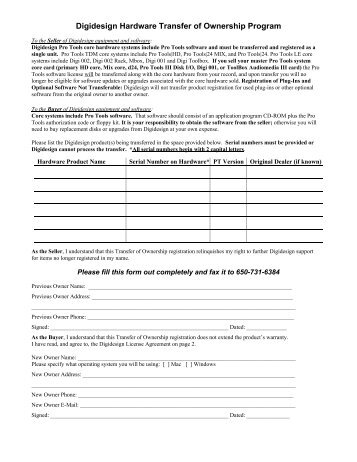 Transfer of Ownership Form - Digidesign Support Archives