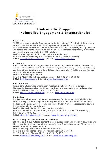 Studentische Gruppen Kulturelles Engagement & Internationales