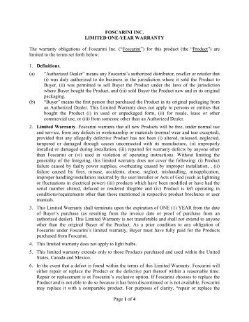 Page 1 of 4 FOSCARINI INC. LIMITED ONE-YEAR WARRANTY The ...