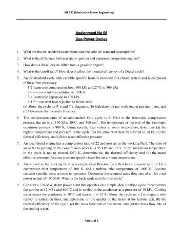 Assignment No 06 Gas Power Cycles 1. What are the air-standard ...