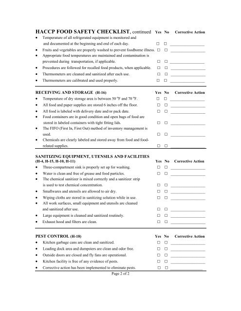HACCP FOOD SAFETY CHECKLIST - Food and Nutrition