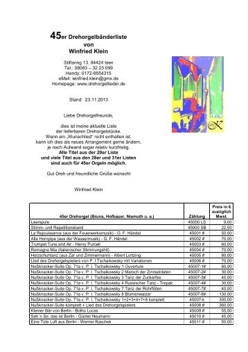 45er Drehorgelbänderliste von Winfried Klein - drehorgellieder.de