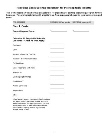 Recycling Costs/Savings Worksheet for the Hospitality Industry Step ...