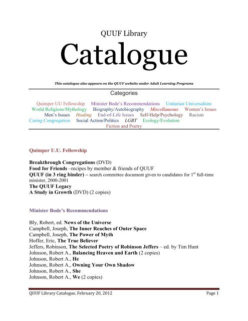 Catalogue - Quimper Unitarian Universalist Fellowship