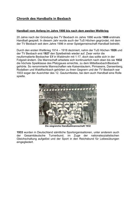 Chronik des Handballs in Bexbach - Turnverein 1886 Bexbach eV