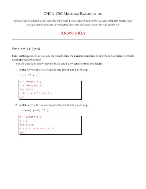 CHEN 1703 MIDTERM EXAMINATION Problem 1 (10 pts)