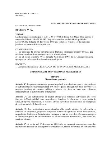 Ordenanza de Subvenciones - I. Municipalidad de Coihueco