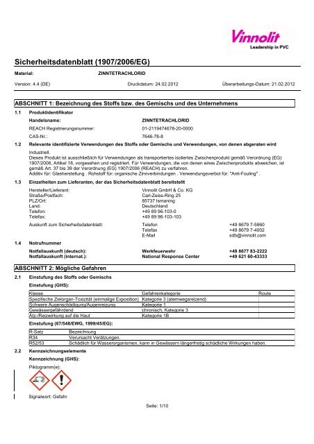 Sicherheitsdatenblatt (1907/2006/EG) - Vinnolit