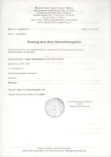 Auszug aus dem Gewerberegister