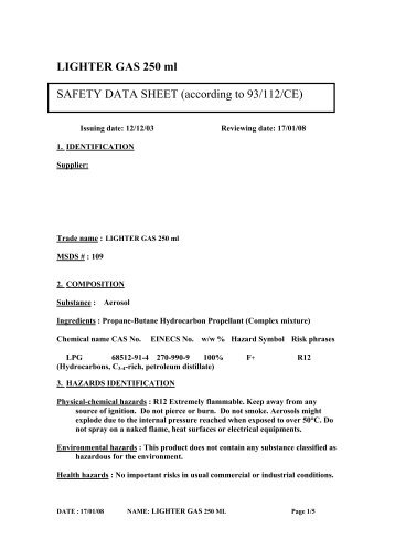 LIGHTER GAS 250 ml SAFETY DATA SHEET (according to 93/112 ...