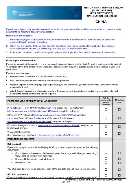 Checklist - Tourist Stream (first visit) - Australian Embassy, China
