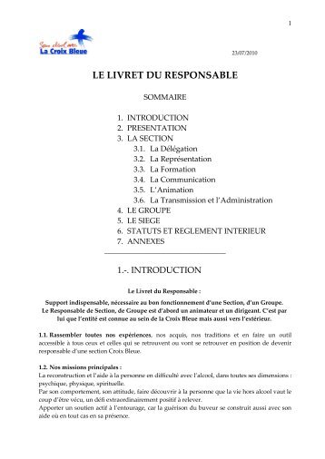 LE LIVRET DU RESPONSABLE - La Croix Bleue